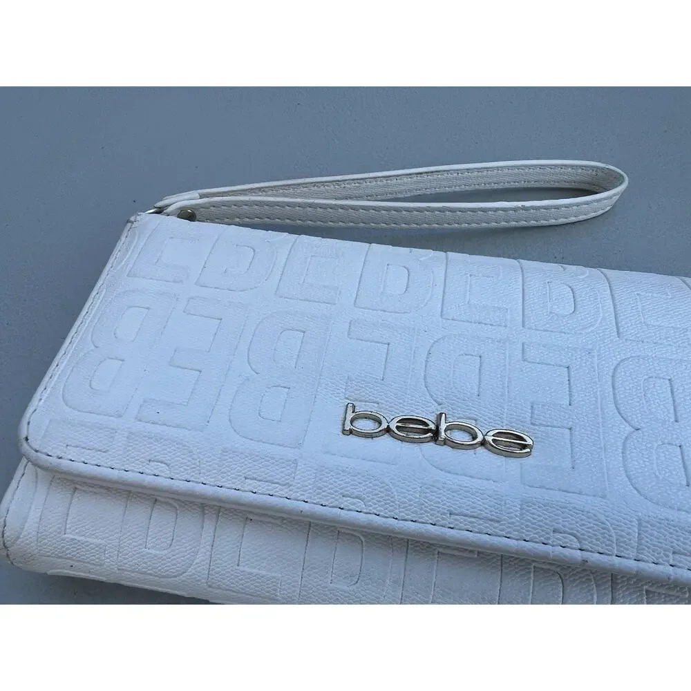 Bebe Embossed Logo White Leather Wallet Wristlet Strap Y2K Clutch